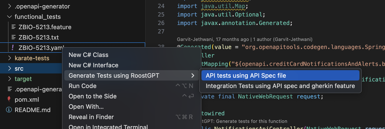 API test generation menu