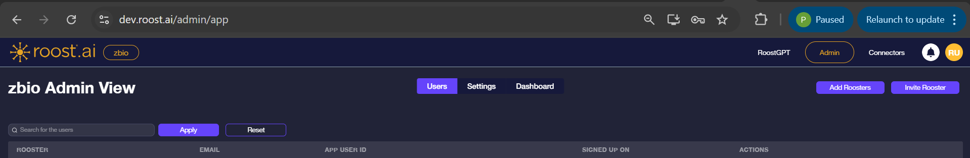 Admin panel — Users tab with user table, Search field, Add Roosters and Invite Rooster buttons