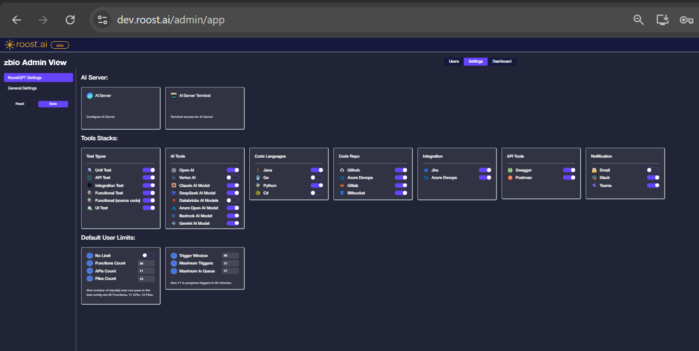 Settings tab showing AI Server, Tools Stacks, and Default User Limits sections