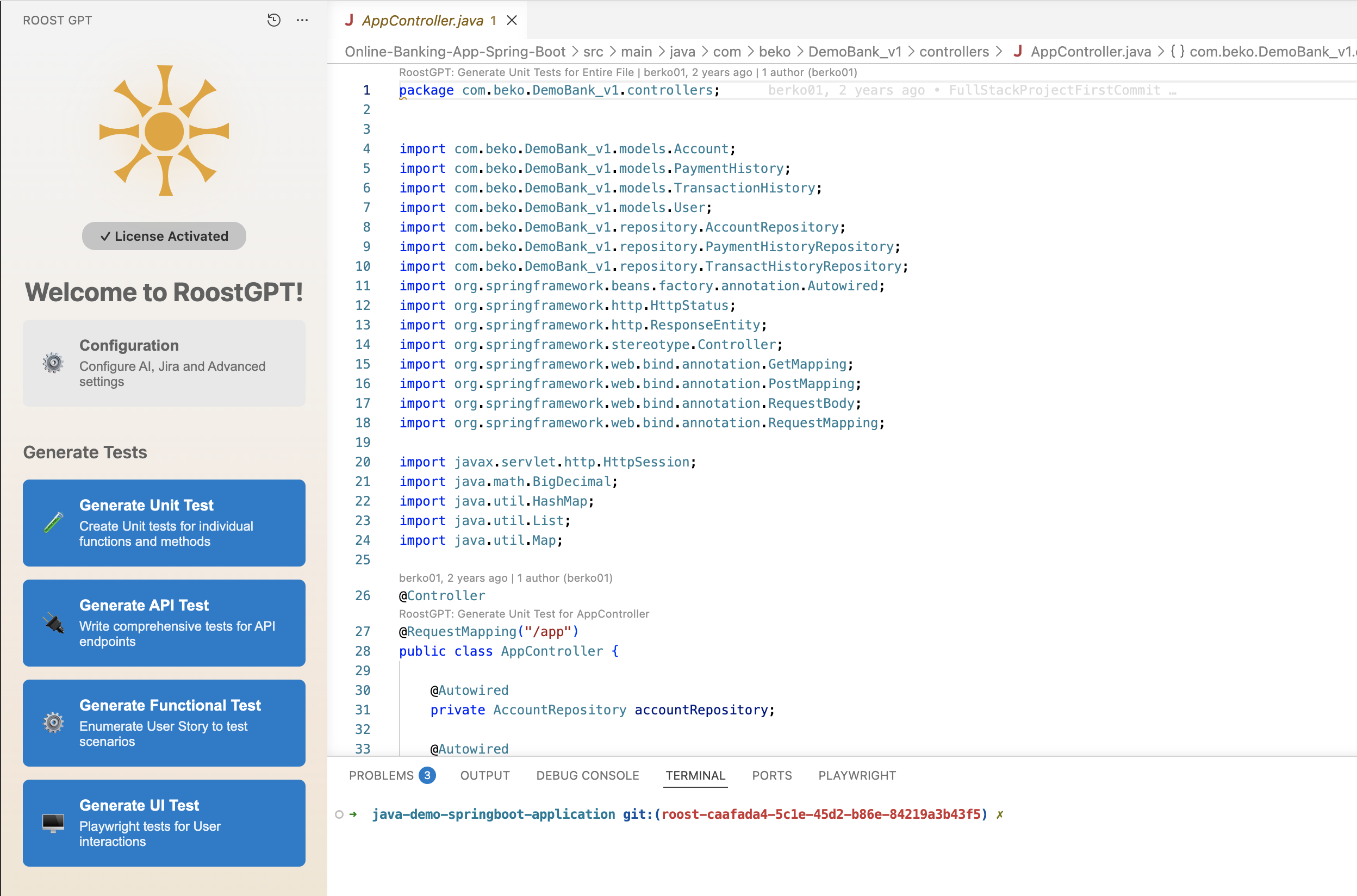 RoostGPT VS Code extension — Welcome screen after license activation showing Configuration link and Generate Unit Test, Generate API Test, Generate Functional Test, Generate UI Test buttons