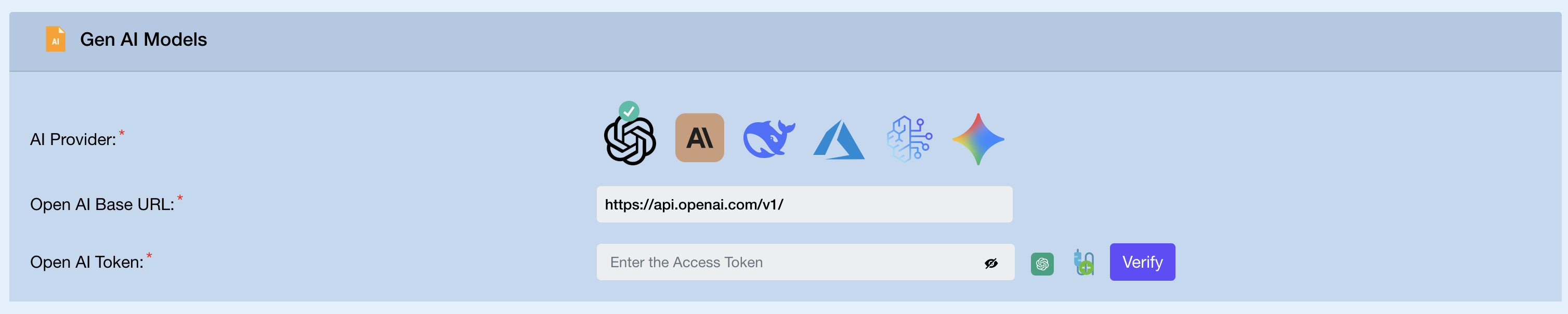 Gen AI Models section — provider icons with OpenAI selected, API base URL and token fields, Verify button