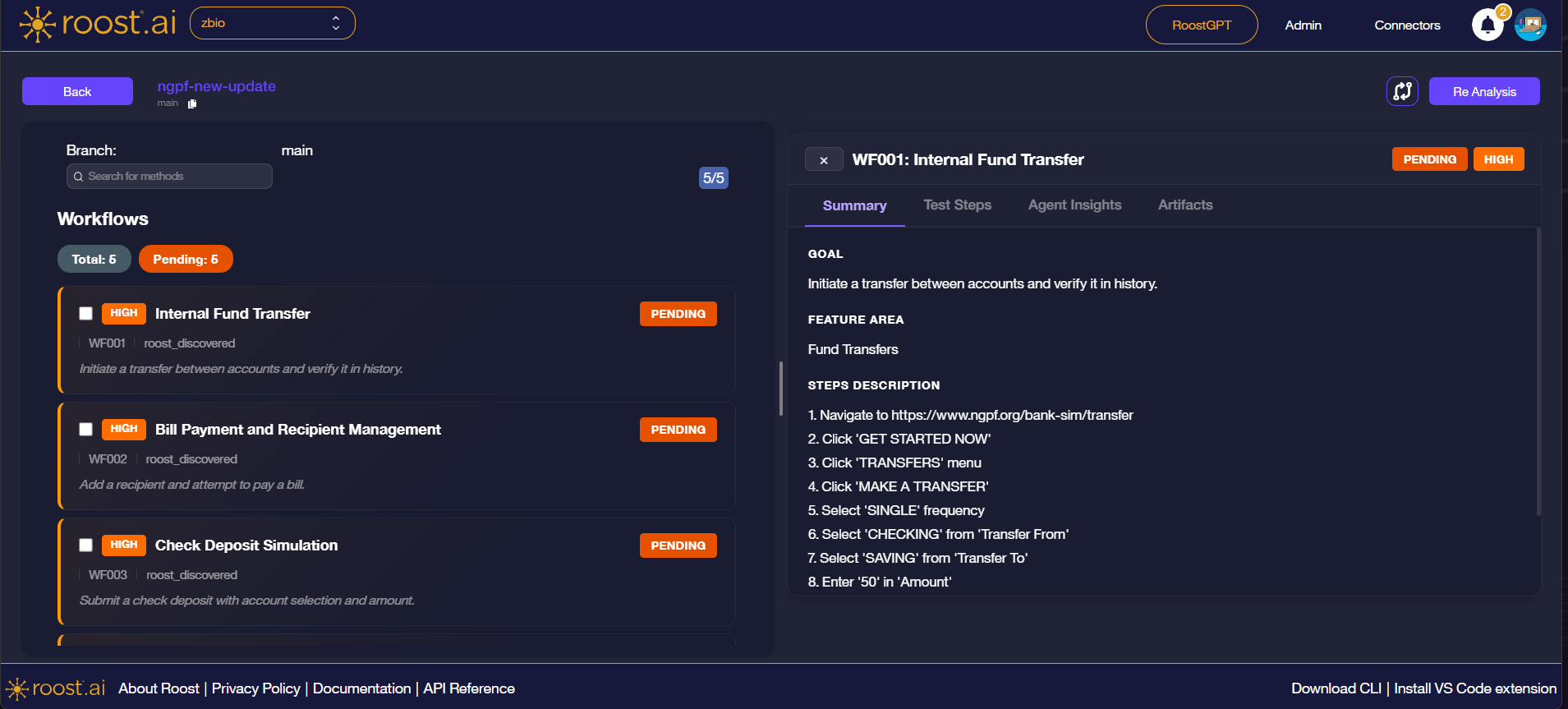 Analysis view showing workflow list with checkboxes, Branch selector, Search for methods field, and the WF001 Summary panel open on the right