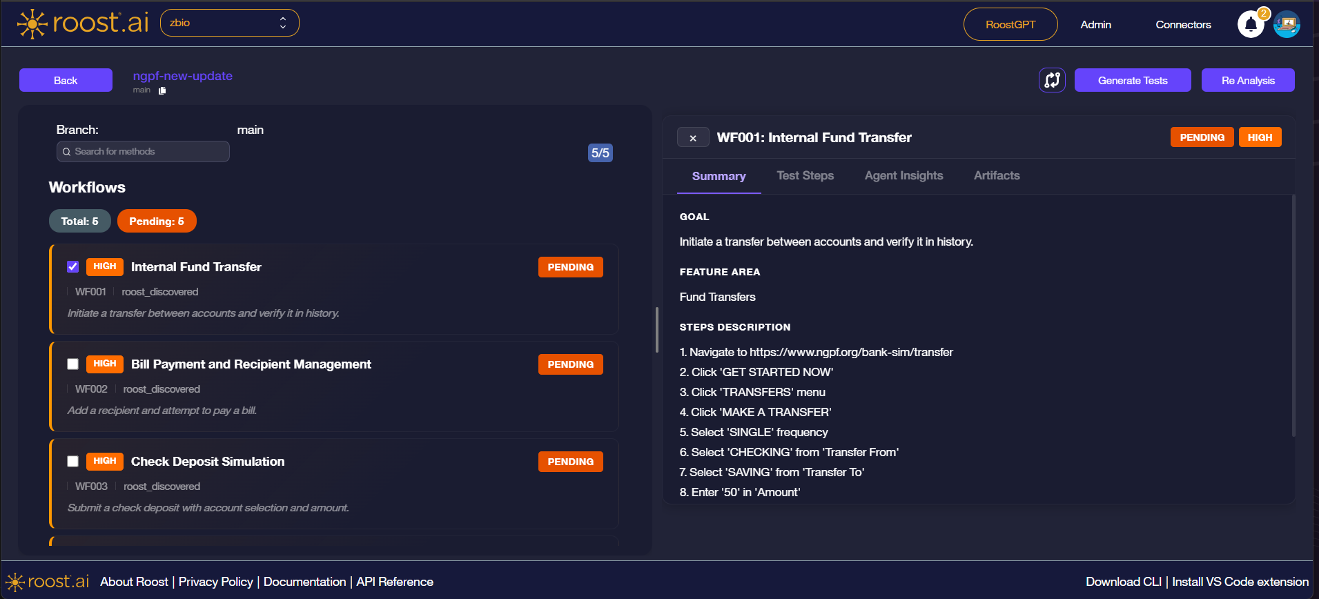 Analysis view with WF001 checkbox checked, Generate Tests button visible in the top-right, and Artifacts tab showing no artifacts