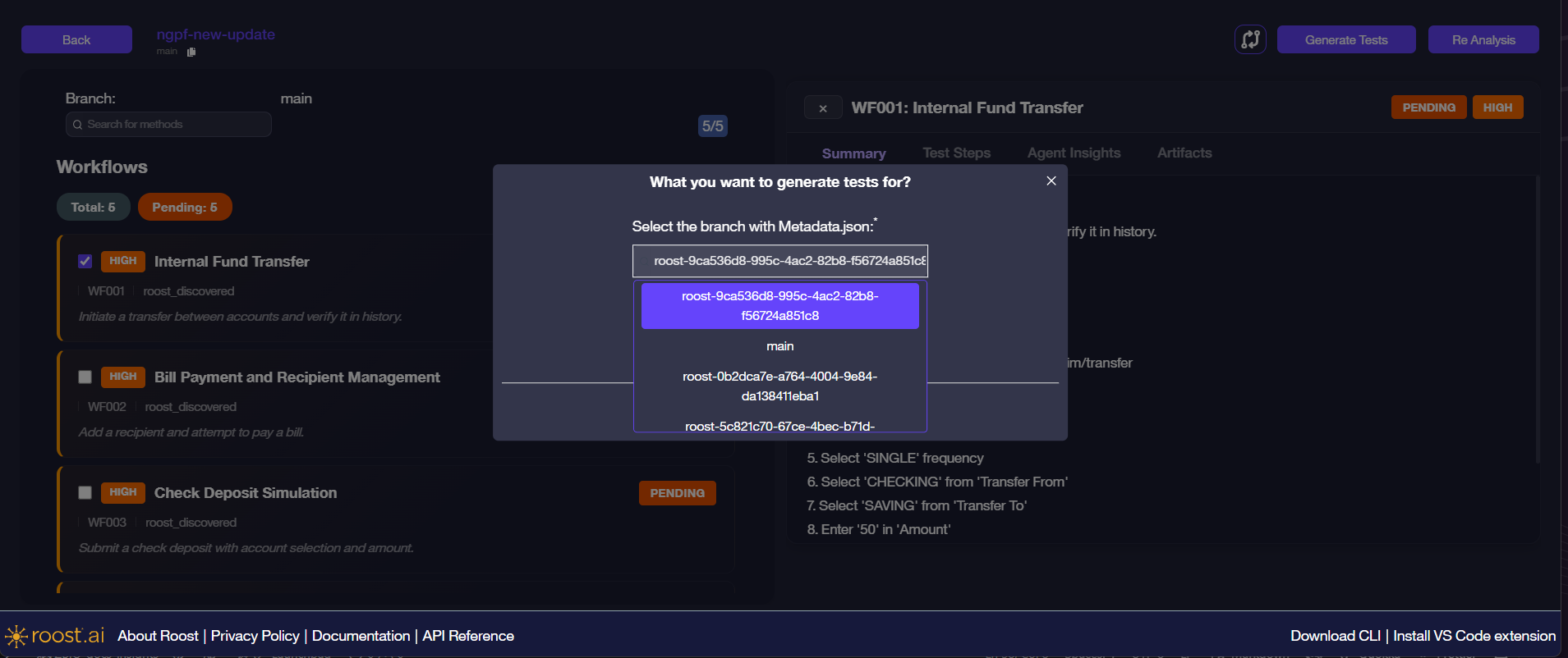 Generate Tests dialog with the branch dropdown open, showing available branches including the roost analysis branch and main