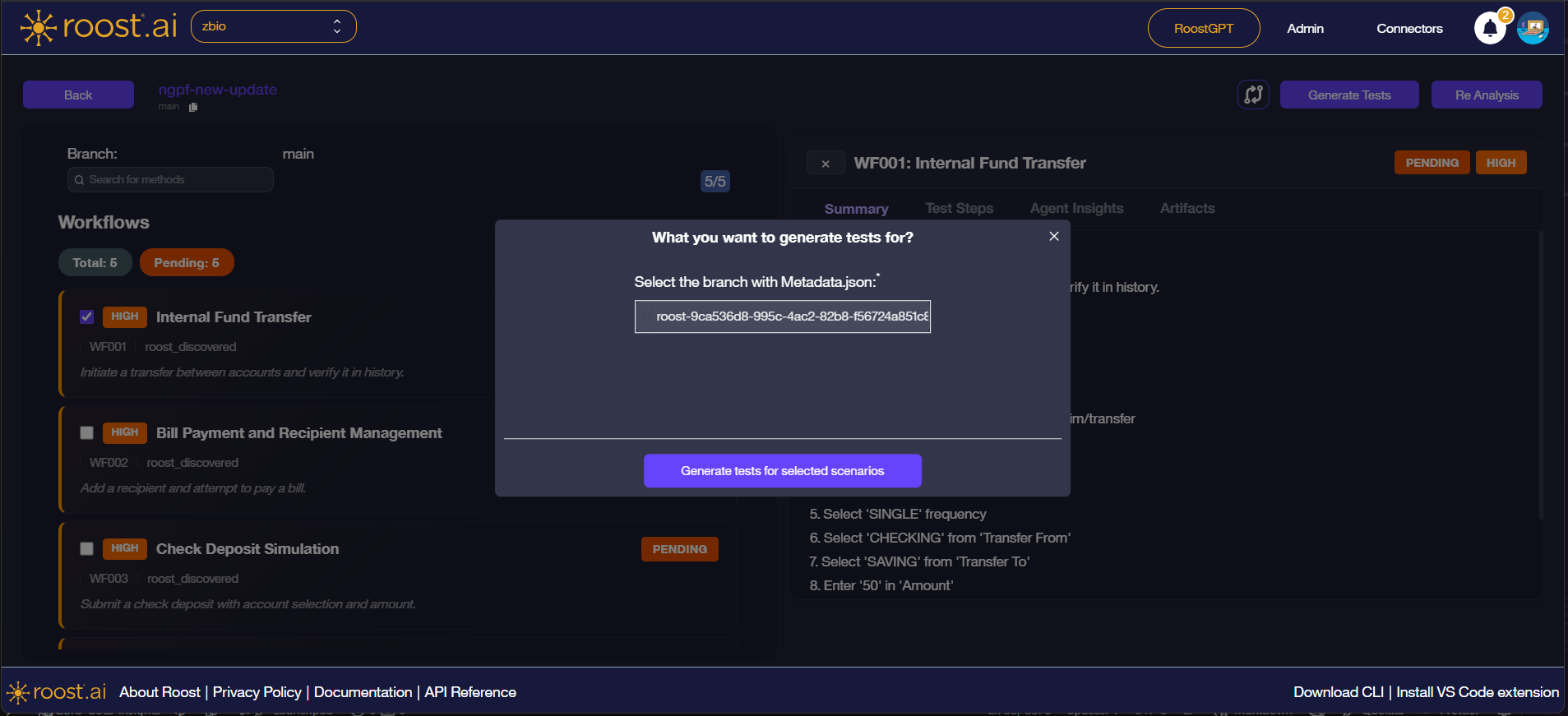 Generate Tests dialog with a branch selected and the Generate tests for selected scenarios button