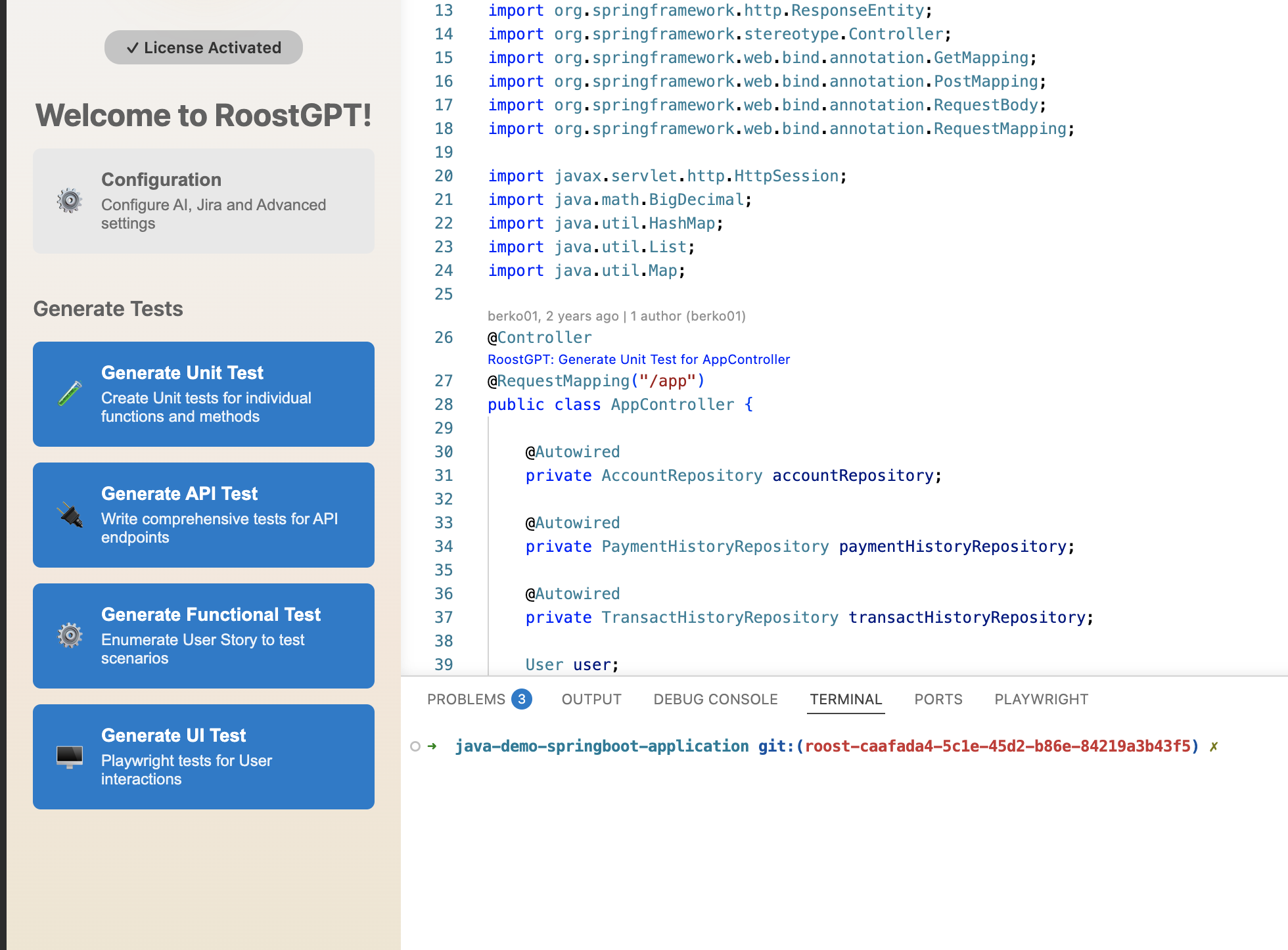 RoostGPT panel with a Java source file open — Generate Tests buttons scope to the active class