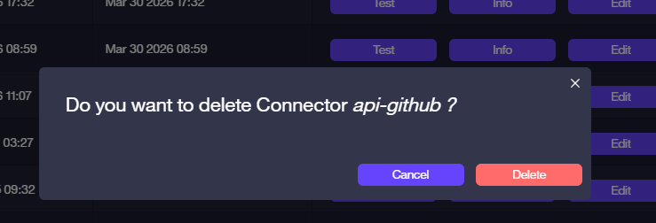 Delete confirmation — "Do you want to delete Connector [name]?" with Cancel and Delete buttons