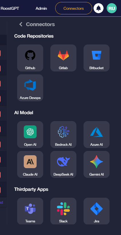 Connector picker — Code Repositories, AI Model, and Thirdparty Apps categories