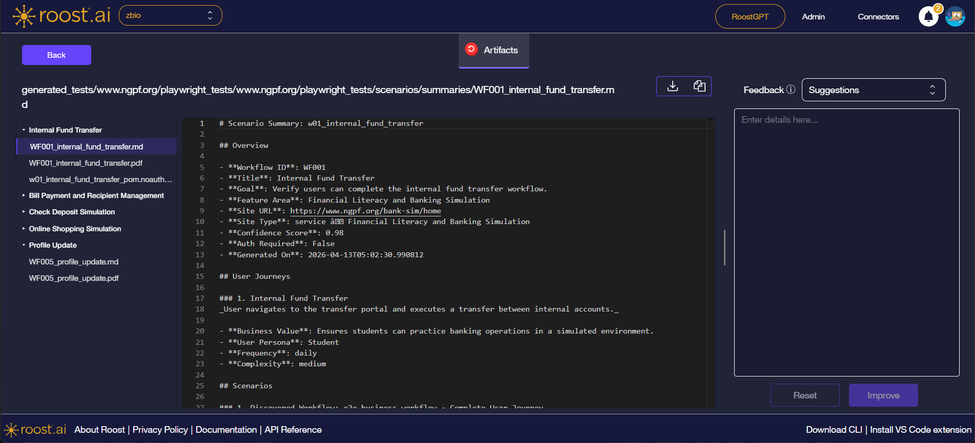 Artifacts detailed view showing the .md Scenario Summary file selected, with formatted markdown content in the center viewer and the Feedback panel on the right