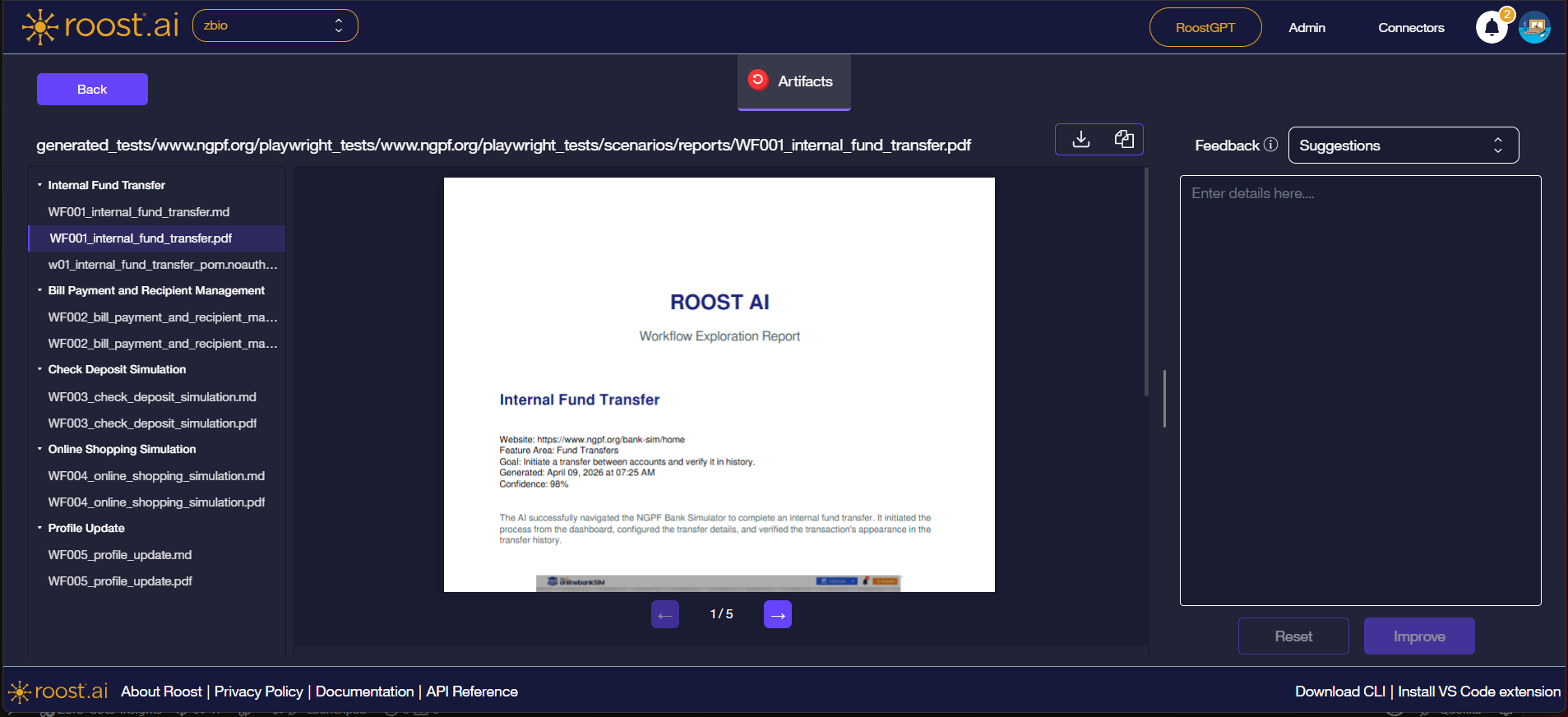 Artifacts detailed view showing the .pdf Workflow Exploration Report selected, with the PDF cover page visible and page navigation controls at the bottom