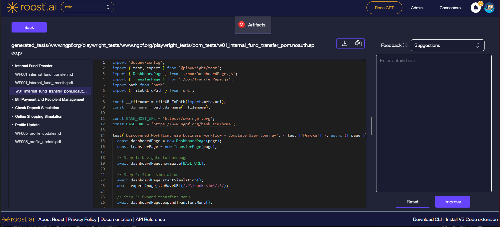 Artifacts detailed view showing the .spec.js Playwright POM test file selected, with syntax-highlighted code in the center viewer and the Feedback panel on the right