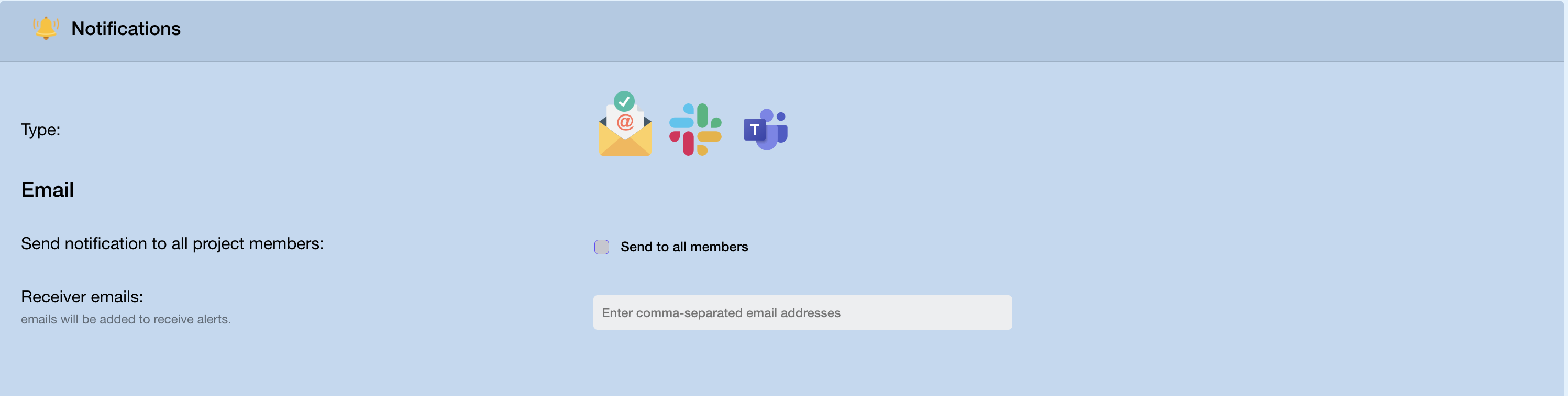Notifications panel — Email selected, Send to all members checkbox, Receiver emails input field