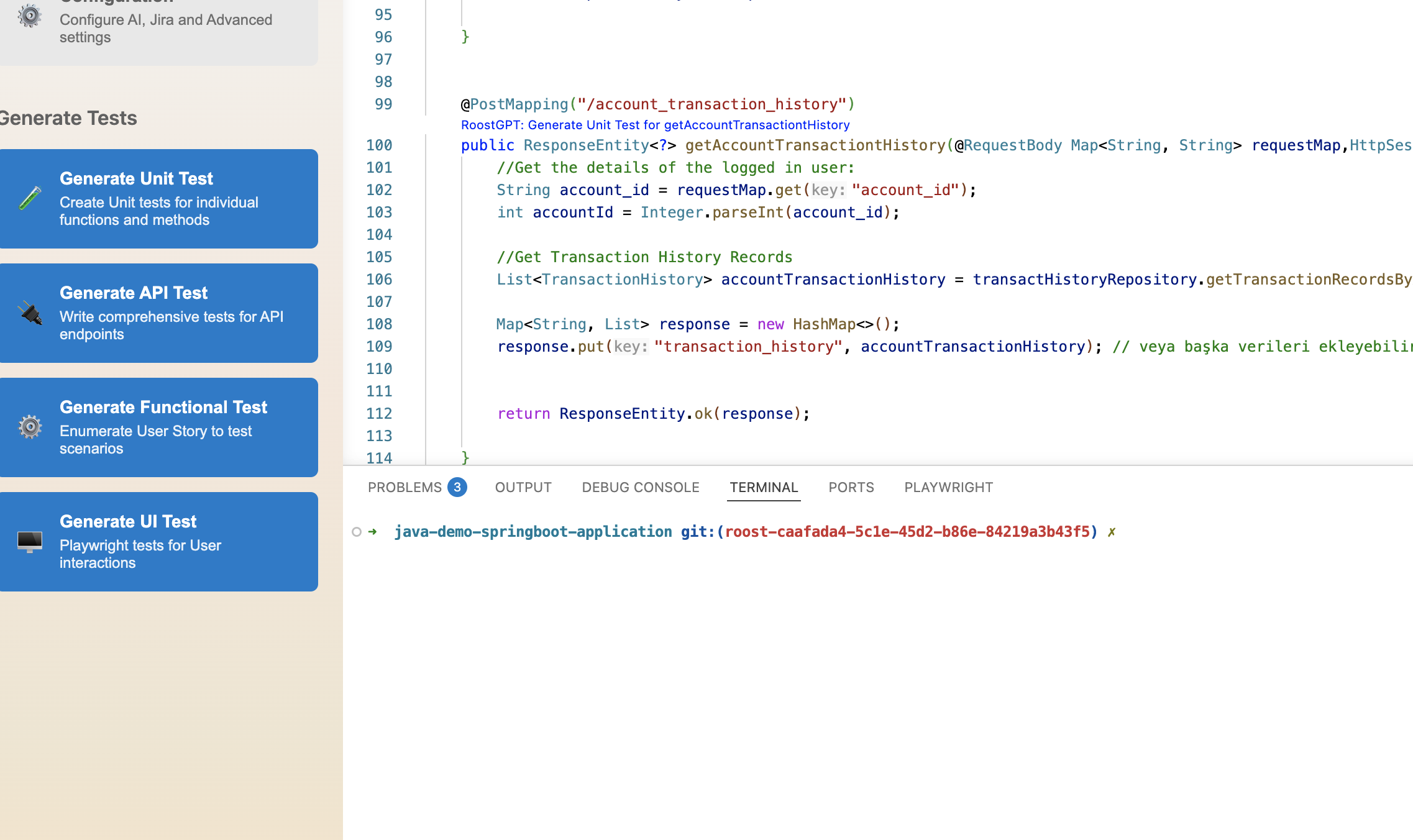 RoostGPT panel showing function getAccountTransactionHistory in focus — Generate Tests buttons scope to that function