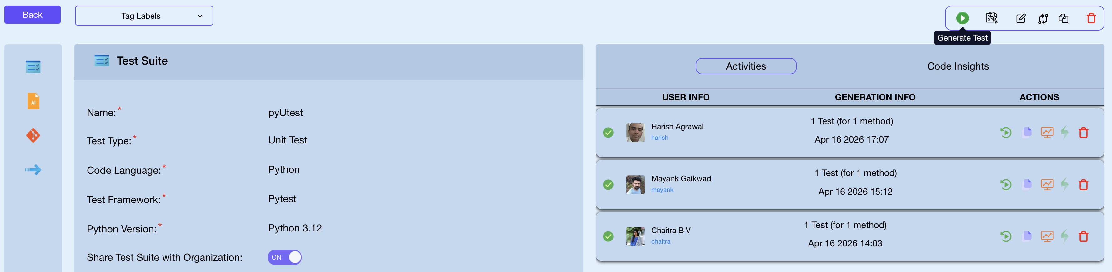 Test suite detail view — Generate Test button and Activities panel showing generation history