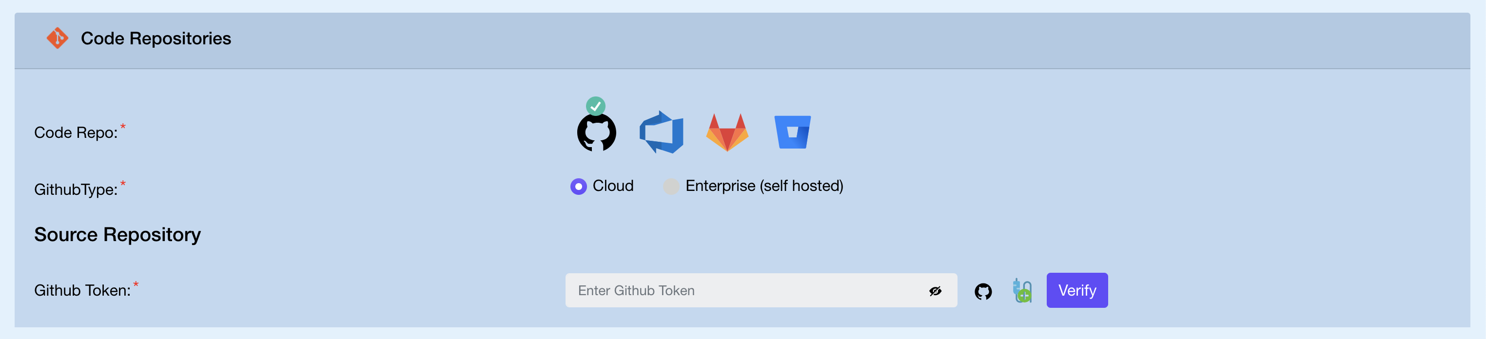 Code Repositories section — platform icons with GitHub selected, Cloud/Enterprise toggle, GitHub Token field, Verify button