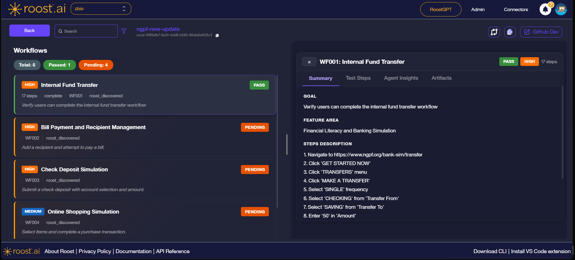Workflows list showing Total, Passed and Pending counts with workflow cards and the WF001 Summary panel open