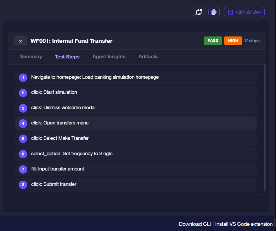 Test Steps tab for WF001 showing 8 numbered steps with action types and descriptions