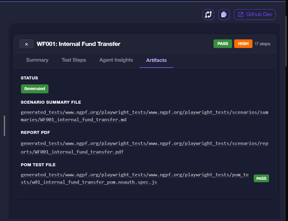 Artifacts tab showing Status badge, Scenario Summary File, Report PDF, and POM Test File with PASS badge