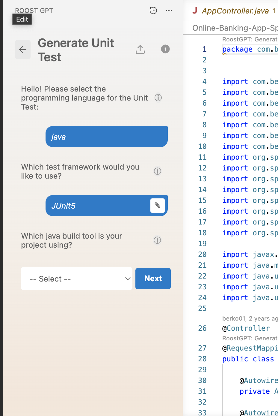 Generate Unit Test wizard — language selection (Java), framework selection (JUnit5), and build tool selection steps