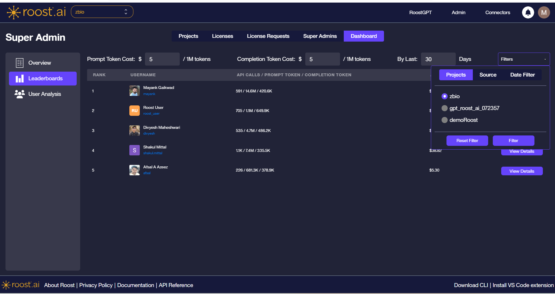 Filters panel — Projects tab showing available projects