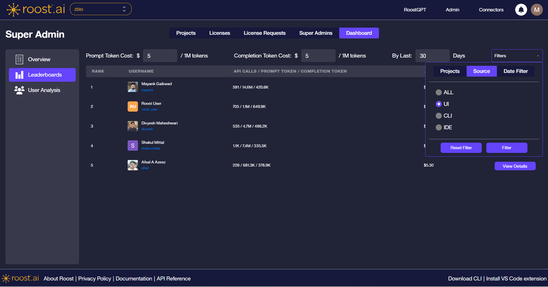 Filters panel — Source tab with UI, CLI, IDE options