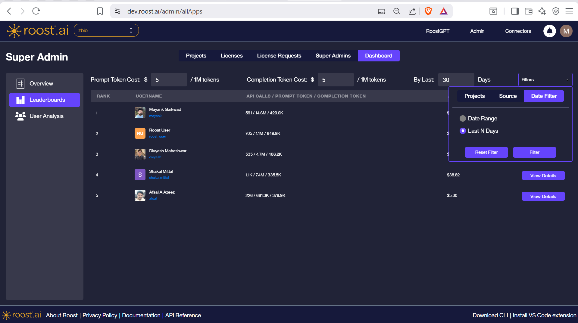 Filters panel — Date Filter tab with Date Range and Last N Days options