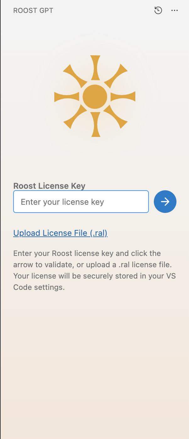 RoostGPT VS Code extension — license key entry screen with input field and Upload License File option