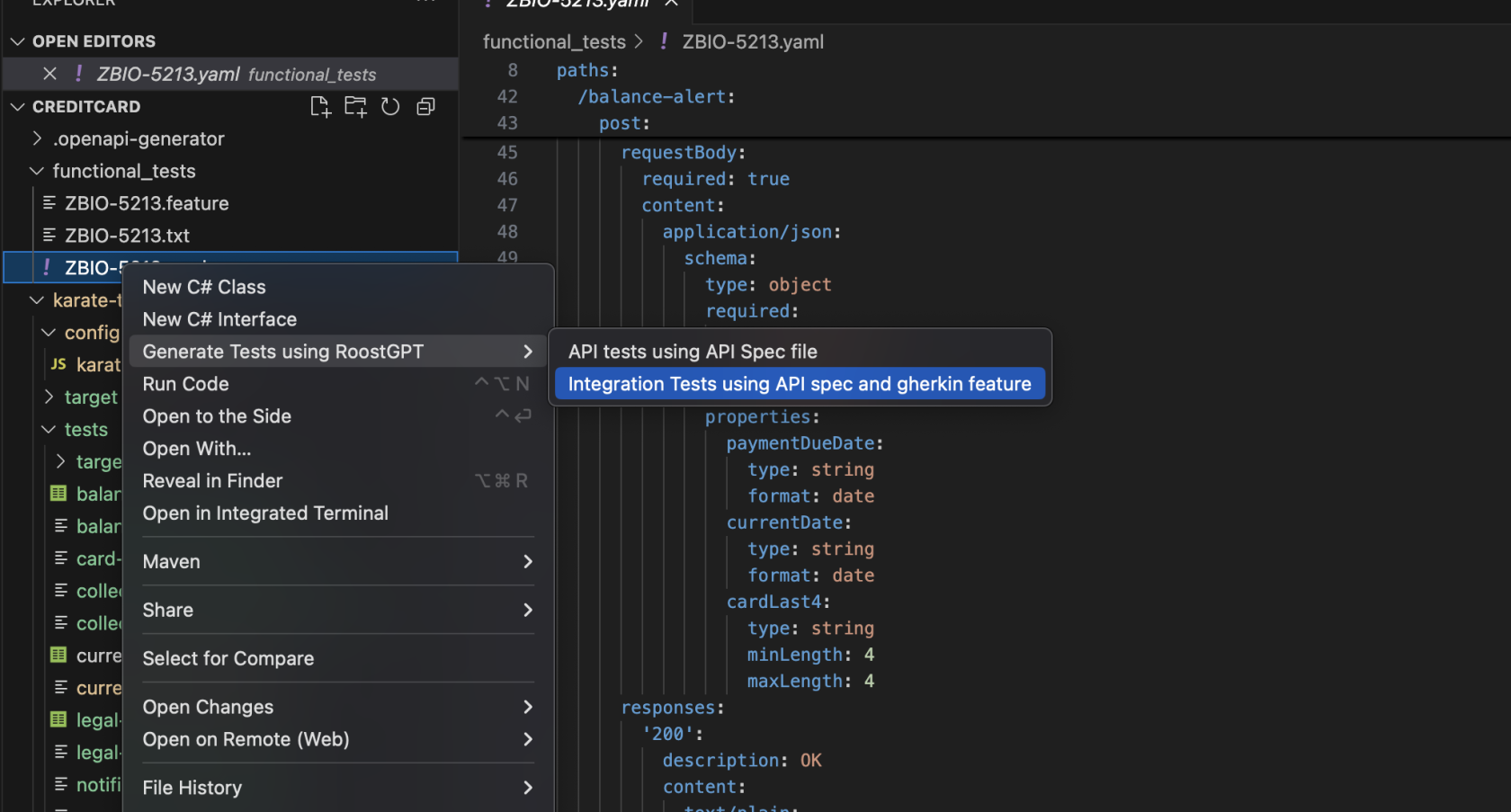Integration test menu
