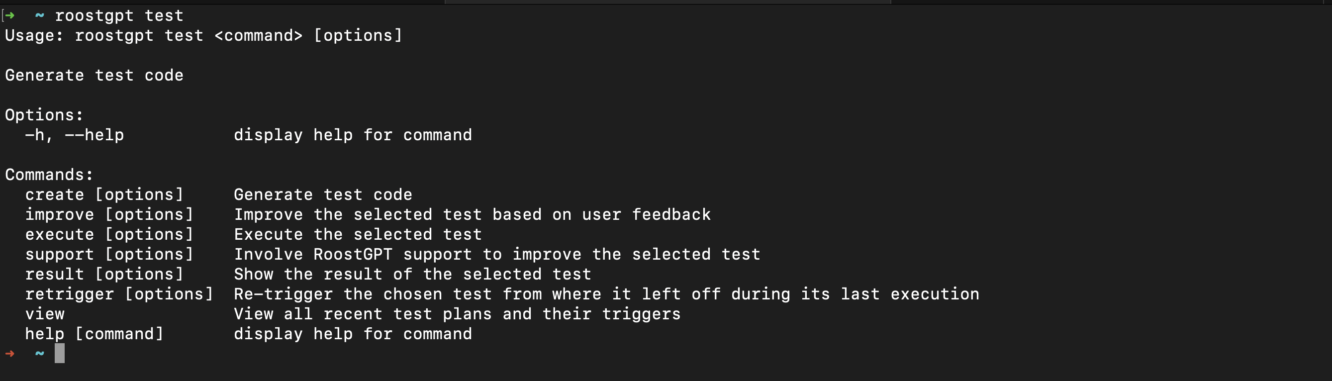 RoostGPT CLI — available test subcommands: create, improve, execute, support, result, retrigger, view