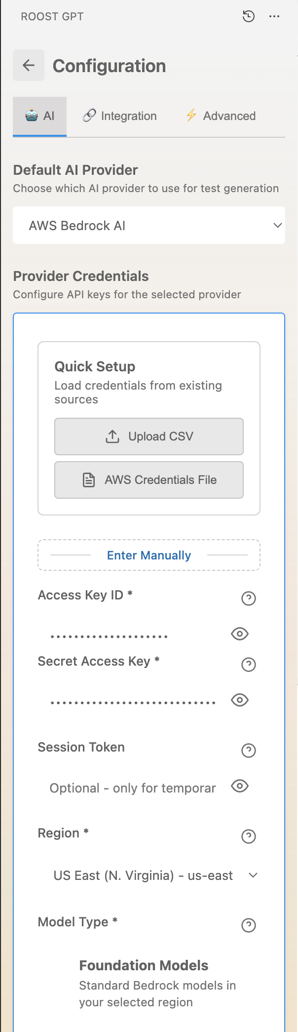 RoostGPT Configuration panel — AI tab with AWS Bedrock AI selected and Provider Credentials fields for Access Key, Secret Key, Session Token, Region, and Model Type