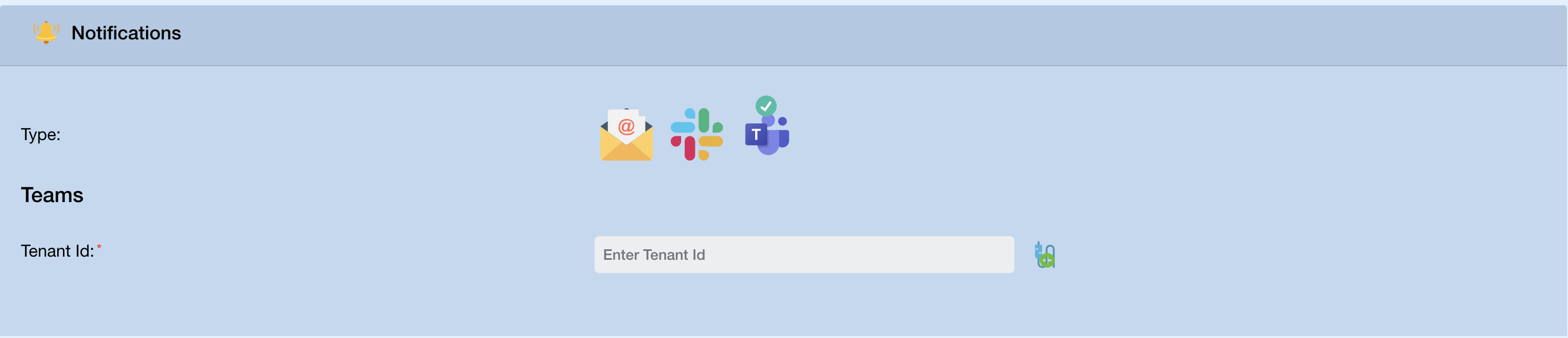 Notifications panel — Teams selected, Tenant ID input field