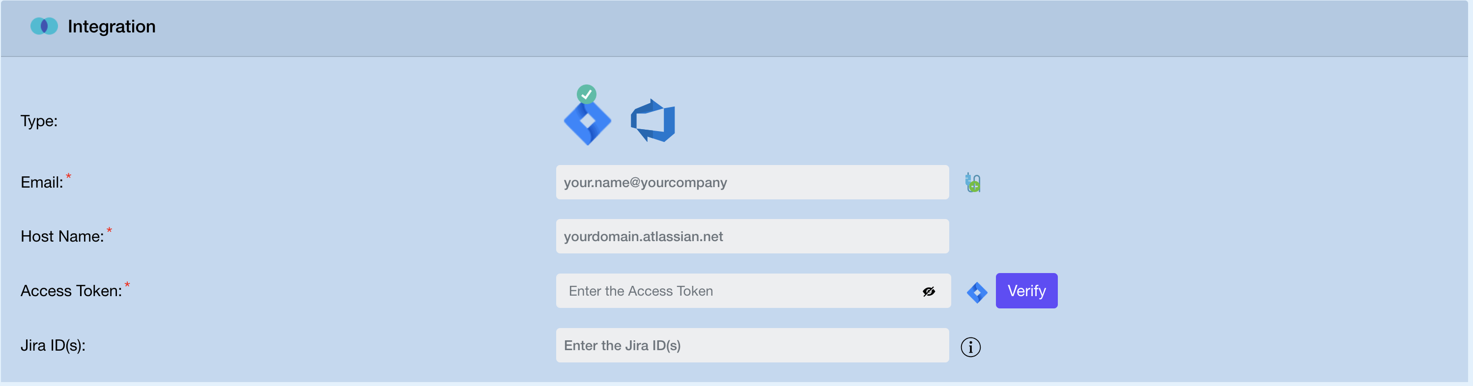 Integration panel — Jira selected with Email, Host Name, Access Token, and Jira ID fields
